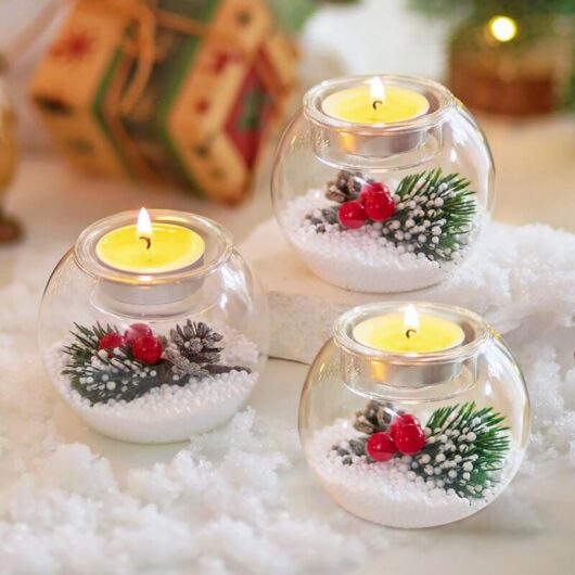 Set of 3 Christmas glass candle holders with red berries/pine cones, centerpiece candle holders
