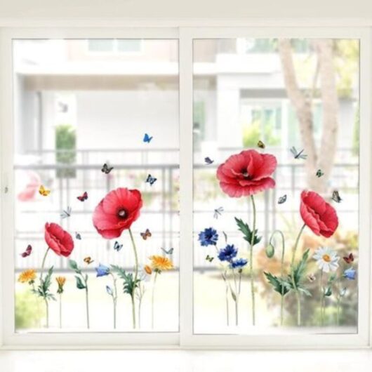 Window Flower Sticker Decorative Anti-Collision Decals Dragonflies Butterflies Green Leaves Non-Adhesive Window Cling 30 x 54cm
