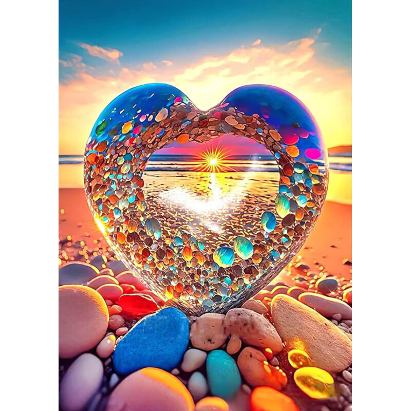 5D Peinture Diamant Kits, Color Heart Shape Stone Diamond Art Kits for Beginners, DIY Plein Cercle Drill Love Plage Paint with Diamonds Dots Gem Art