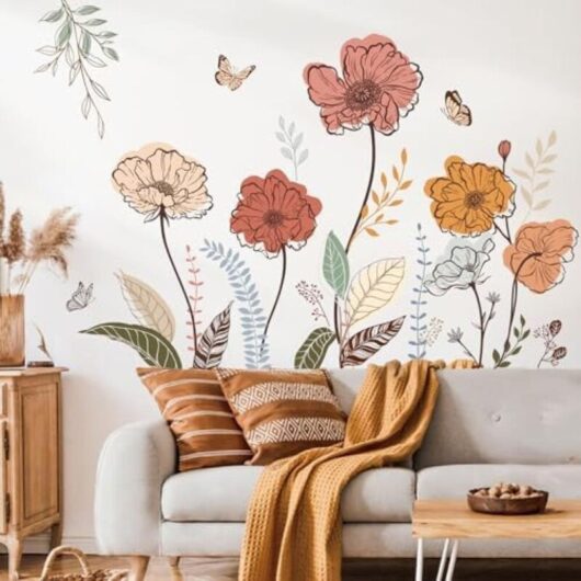 120x40cm Boho Garden Flower Wall Stickers, Floral Watercolor Grass Plant Mural Decals for Bedroom, Living Room, TV Wall