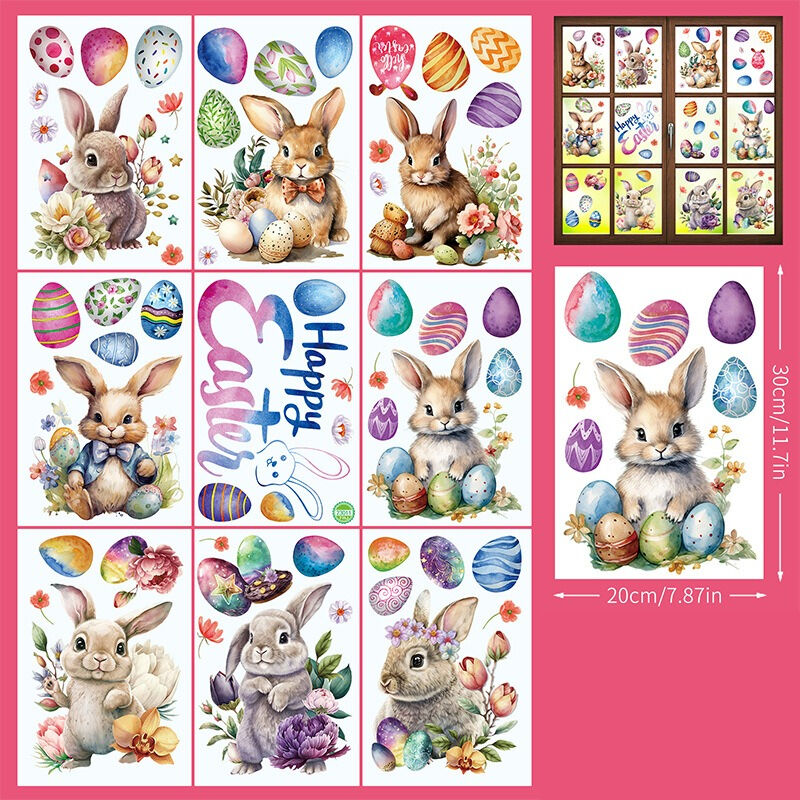 Easter Window Decoration - Bunny, Egg, and Chick Stickers 9 Pieces, Reusable for Room and Home F11