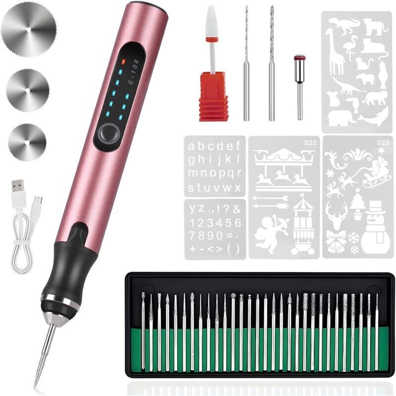 Electric engraving pen - USB rechargeable engraving tool set - with 37 tips and 5 designs (rose gold)