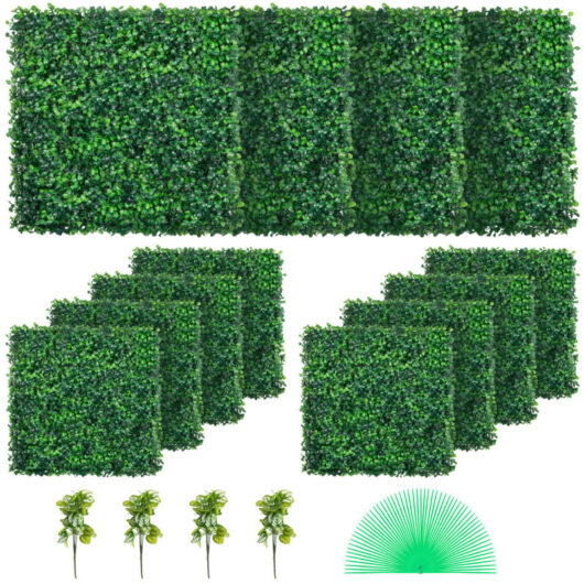 Mophorn 12pcs Artificial Boxwood Panel UV 20x20" 4cm Green Hedge Wall Panels Fake Grass Backdrop Privacy Fence for Indoor Outdoor Garden Backyard